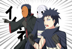  3boys absurdres bad_id bad_pixiv_id black_hair gaijin_4koma_(meme) gloves highres male_focus mask meme multiple_boys multiple_persona naruto naruto_(series) naruto_shippuuden reon-shi rinnegan sharingan three_quarter_view tobi_(naruto) uchiha_obito 