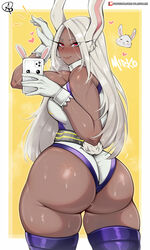  absurdres almualim animal_ears ass bare_shoulders blush boku_no_hero_academia border breasts cellphone character_name curvy dark-skinned_female dark_skin female fur_collar gloves hand_up heart highleg highleg_leotard highres holding holding_phone huge_ass large_breasts leotard long_eyelashes long_hair looking_at_viewer mirko parted_bangs patreon_username phone purple_thighhighs rabbit rabbit_ears rabbit_girl rabbit_pose rabbit_tail red_eyes selfie signature smartphone smile solo steaming_body sweat tail tail_through_clothes thick_thighs thighhighs thighs toned twisted_torso very_long_hair white_border white_gloves white_hair white_leotard wide_hips yellow_background 