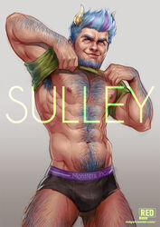  1boy abs ass_visible_through_thighs bara bare_pectorals beard black_male_underwear blue_hair bulge cowboy_shot demon_boy demon_horns facial_hair full_beard gradient_hair hairy horns james_p._sullivan lifting_own_clothes lips looking_at_viewer male_focus male_underwear mature_male monster_boy monsters_inc. multicolored_hair muscular muscular_male navel navel_hair nipples no_pants pectorals personification redgart seductive_smile short_hair smile solo standing stomach thick_arm_hair thick_beard thick_chest_hair thick_eyebrows thick_leg_hair thick_navel_hair two-tone_body_hair underwear very_hairy 