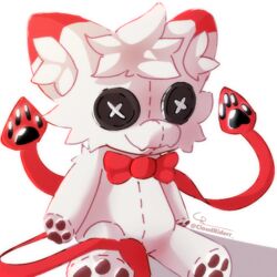  anthro black_buttons bow_tie button_(fastener) button_eyes changed_(video_game) clothed clothing cloudrider_(artist) digital_media_(artwork) doll fluke_(cloudrider) fur glistening glistening_pawpads hair light lighting male pawpads paws plushie red_bow_tie red_tentacles sewing shaded signature simple_background smile solo solo_focus squid_dog_(changed) tentacle tentapaws tuft voodoo voodoo_doll white_body white_fur 