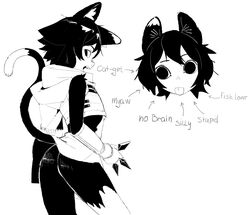  animal_ears ass black_hair cat_ears cat_girl cat_tail crop_top dungeon_meshi english_text female flat_chest izutsumi kunai monochrome multiple_views pinya scarf short_hair simple_background tail tongue tongue_out weapon white_background 