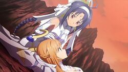  2girls alternate_skin_color artist_request asuna_(sao) bare_shoulders brown_eyes brown_hair dress game_cg head_on_knees headband highres kneeling long_hair multiple_girls official_alternate_skin_color official_art purple_hair sword_art_online sword_art_online_last_recollection white_dress white_headband yuuki_(sao) 