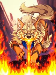  arcanine bandana big_ears eyewear fire fire_attack fire_wall fireball fluffy generation_1_pokemon glasses hi_res kerchief mystery_dungeon nintendo pokemon pokemon_(species) pokemon_mystery_dungeon running solo spike_chunsoft 