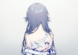  absurdres alternate_blood_color back bandaged_chest bandaged_torso blood blood_on_back blue_blood chinese_clothes clothes_pull female from_behind fu_hua fu_hua_(azure_empyrea) fu_hua_(taixuan_impression) grey_hair hair_down hand_on_own_arm hanfu highres honkai_(series) honkai_impact_3rd injury long_hair saya_atang scar scar_on_back simple_background solo unworn_clothes upper_body white_background white_hanfu 