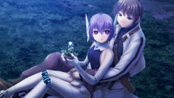  1boy alto_travers astel_(wizards_symphony) atelier-moo bare_shoulders belt breasts brown_hair closed_mouth female flat_chest flower flower_pot full_body golem hair_between_eyes holding holding_flower hug hug_from_behind long_sleeves mechanical_arms night open_mouth purple_hair red_eyes robot_ears short_hair sideboob smile wizards_symphony 