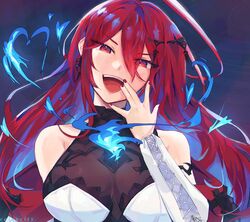  absurdres ahoge blue_fire blue_hair breasts celexcity colored_inner_hair dress elizabeth_rose_bloodflame female fire highres hololive hololive_english huge_ahoge large_breasts long_hair looking_at_viewer multicolored_hair open_mouth red_eyes red_hair smile solo teeth upper_teeth_only very_long_hair virtual_youtuber white_dress 