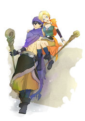  1boy arm_around_shoulder belt bianca_(dq5) black_footwear black_gloves black_hair black_sleeves blonde_hair blue_eyes boots bracelet braid breasts brown_skirt cape cleavage cloak commentary_request couple detached_sleeves dragon_quest dragon_quest_v earrings female full_body gloves green_shirt hair_over_shoulder hand_on_another&#039;s_shoulder height_difference hero_(dq5) holding holding_staff itadaki_street jewelry kirimochi_niwe large_breasts long_hair open_mouth orange_cape purple_cape purple_cloak purple_headwear shirt single_braid single_glove sitting skirt smile staff standing toned toned_male turban 