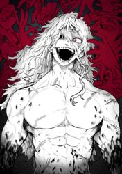  1boy absurdres blood blood_on_arm blood_on_body blood_splatter boku_no_hero_academia crazy_eyes hair_over_one_eye highres long_hair male_focus muscular muscular_male open_mouth red_eyes shigaraki_tomura solo teeth too_many_hands topless_male yotsumi_shiro 