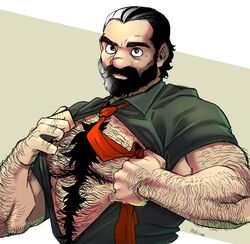  1boy alternate_costume alternate_hair_length alternate_hairstyle bara bare_pectorals beard beard_stubble big_nose dungeon_meshi dwarf facial_hair full_beard hair_slicked_back hairy hand_hair highres knuckle_hair large_pectorals long_beard male_focus mature_male midoo_(scarecrow-forest) moustache muscular muscular_male necktie necktie_grab neckwear_grab opened_by_self pectorals red_necktie senshi_(dungeon_meshi) solo stubble superman_exposure thick_arm_hair thick_beard thick_chest_hair thick_eyebrows thick_mustache thick_navel_hair upper_body very_hairy wrinkled_skin 