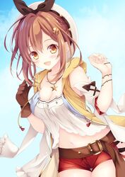  :d atelier_(series) atelier_ryza atelier_ryza_1 belt belt_buckle beret blue_sky blush bow bow_shorts bracelet breasts brown_belt brown_bow brown_eyes brown_gloves brown_hair buckle camisole cleavage cloud cloudy_sky commentary_request cowboy_shot crop_top cross-laced_clothes cross-laced_sleeves curled_fingers detached_sleeves dot_nose drawstring eyelashes female flower gloves hair_flower hair_ornament hairclip hat hat_bow highres hiryuu_kanon hood hood_down hooded_jacket jacket jewelry large_bow large_breasts leaning_forward leather_belt looking_at_viewer midriff navel necklace oerba_yun_fang open_clothes open_jacket open_mouth red_bow red_shorts reisalin_stout short_hair short_shorts shorts single_glove sky sleeve_bow sleeveless sleeveless_jacket smile solo star_(symbol) star_necklace swept_bangs tassel thigh_gap thighs thighs_together white_camisole white_hat yellow_jacket 