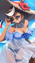  absurdres animal_ears beach blue_dress blue_sky breasts brown_eyes brown_fur brown_hair cleavage commission day dress english_commentary frilled_dress frills hat highres horse_ears horse_girl horse_tail indie_virtual_youtuber large_breasts looking_at_viewer medium_hair multicolored_hair ocean official_alternate_costume one_eye_closed outdoors round_eyewear second-party_source see-through skeb_commission sky smile solo straw_hat streaked_hair sunglasses tail teeth tomoe_umari tomoe_umari_(summer) uni_(bom19850101) virtual_youtuber white_hair 