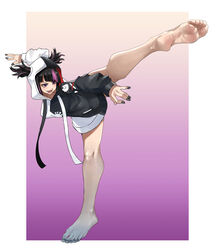  bare_legs barefoot black_hair black_nails blunt_bangs capcom_cup chinese_commentary collar commentary_request cosplay eiji_(eiji) feet female foot_focus foreshortening full_body highres hololive hood hood_up hoodie juri_han kicking mixed-language_commentary multicolored_hair nail_polish ookami_mio ookami_mio_(casual) ookami_mio_(cosplay) open_mouth purple_hair red_eyes smile solo standing standing_on_one_leg street_fighter street_fighter_6 two-tone_hoodie white_hoodie 