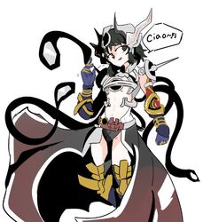  black_dress black_hair black_panties breasts build_driver cleavage commentary cosplay crossover dress evol_blackhole evol_driver evolto female flat_chest kamen_rider kamen_rider_build_(series) kamen_rider_evol kamen_rider_evol_(cosplay) kohinata_miku multicolored_armor no_bra panties possessed rider_belt senki_zesshou_symphogear short_hair smile solo symbol-only_commentary underwear vegs 