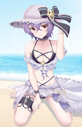  absurdres bare_shoulders beach bikini black_bikini black_choker breasts choker closed_mouth female grey_hat hair_between_eyes hand_up hat highres kneeling layered_bikini navel ocean outdoors princess_connect! purple_hair red_eyes shinobu_(princess_connect!) shinobu_(summer)_(princess_connect!) skull_ornament smile solo swimsuit water winterline wrist_cuffs 