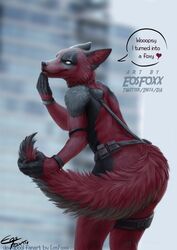  anthro athletic athletic_anthro athletic_male biped black_body black_fur canid canine deadpool detailed english_text eosfoxx fluffy fluffy_tail fox fur hi_res looking_at_viewer male mammal marvel red_body red_fur solo speech_bubble tail tail_grab text white_eyes 