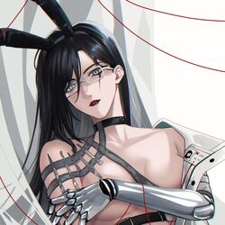  angon623 animal_ears belt black_choker black_hair choker covering_breasts covering_privates female glasses grey_eyes iron_(path_to_nowhere) long_hair mechanical_arms no_bra path_to_nowhere rabbit_ears scalpel simple_background single_mechanical_arm solo topless white_background 