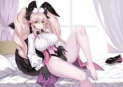  animal_ear_fluff animal_ears black_bow black_footwear black_gloves black_leotard bow breasts coattails dress_shirt fake_animal_ears fate/grand_order fate_(series) female fox_tail ge_(zmq67911029) gloves hair_between_eyes hairbow high_heels highleg highleg_leotard indoors koyanskaya_(assassin)_(second_ascension)_(fate) koyanskaya_(fate) large_breasts leotard long_hair long_sleeves multiple_animal_ears on_bed pantyhose pink_hair rabbit_ears shirt shoes sitting solo tail tamamo_(fate) twintails underbust unworn_shoes very_long_hair white_pantyhose window yellow_eyes 