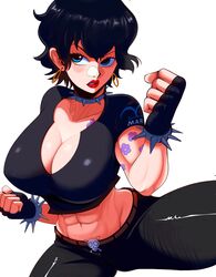  abs absurdres black_hair blue_eyes breasts choker cleavage coolb_art crop_top doll_(one_piece) earrings female gloves goth_fashion highres jewelry lipstick makeup muscular muscular_female one_piece revealing_clothes short_hair tattoo thick_thighs thighs 