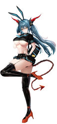  absurdres alternate_costume animal_ears aqua_hair aqua_neckerchief ass azur_lane bag black_panties black_sailor_collar black_shirt black_skirt black_thighhighs blush breasts closed_mouth commentary crop_top fake_animal_ears female full_body garter_straps hair_between_eyes hand_on_own_hip high_heels highres horns index_finger_raised iron_blood_(emblem) large_breasts long_hair looking_at_viewer manjuu_(azur_lane) mechanical_horns mechanical_tail miniskirt navel neckerchief panties pavi pleated_skirt pointy_ears rabbit_ears red_footwear regensburg_(azur_lane) revealing_clothes sailor_collar school_bag school_uniform shirt short_sleeves sidelocks simple_background skindentation skirt solo standing standing_on_one_leg stomach tail thighhighs twintails twisted_torso underboob underwear white_background yellow_eyes 