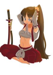  arms_up barefoot black_hair breasts chest_sarashi commentary_request detached_sleeves disgaea female full_body hair_ribbon hakama hakama_pants highres japanese_clothes katana long_hair looking_to_the_side medium_breasts miko navel pants pointy_ears purple_eyes ribbon ronin_(disgaea) sarashi sheath sheathed shiny_skin sitting solo sword tying_hair u_d_o_n_k_o underboob very_long_hair weapon white_background 