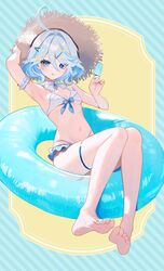  :q absurdres adjusting_clothes adjusting_headwear alternate_costume arm_up armband armpits barefoot bikini blue_eyes blue_gemstone blue_hair breasts detached_collar drop-shaped_pupils female fluffy_hair food frilled_armband frilled_bikini frills front-tie_bikini_top front-tie_top full_body furina_(genshin_impact) gem genshin_impact hair_ornament hairpin hashtag-only_commentary hat heart heart_hair_ornament heterochromia highres holding holding_food holding_popsicle looking_at_viewer midriff nail_polish navel popsicle rrr_gns_(riuriu_1212) short_hair small_breasts soles solo straw_hat sun_hat swim_ring swimsuit symbol-shaped_pupils thigh_strap toenail_polish toenails toes tongue tongue_out wavy_hair wet white_hair 