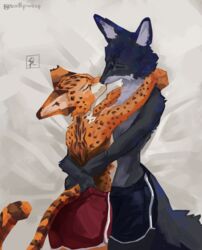  absurd_res anthro bedding bedding_background canid canine canis closed_eyes clothing colored digital_media_(artwork) dolphin_shorts duo ear_markings felid feline fur hands_behind_back hi_res hug kissing male male/male mammal markings painting_(artwork) serval shaded signature simple_background southpawloup spots spotted_body spotted_fur tail wolf 