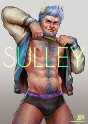  1boy abs ass_visible_through_thighs bara bare_pectorals beard black_male_underwear blue_hair bulge cowboy_shot demon_boy demon_horns facial_hair full_beard gradient_hair hairy horns jacket james_p._sullivan letterman_jacket lifting_own_clothes lips looking_at_viewer male_focus male_underwear mature_male monster_boy monsters_inc. multicolored_hair muscular muscular_male navel navel_hair nipples no_pants pectorals personification redgart seductive_smile short_hair smile solo standing stomach thick_arm_hair thick_beard thick_chest_hair thick_eyebrows thick_leg_hair thick_navel_hair two-tone_body_hair underwear very_hairy 