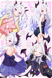  3: 4girls :d ^_^ absurdres adjusting_clothes adjusting_swimsuit ahoge armband ass backless_outfit bare_back bare_shoulders belt black_coat black_gloves blue_archive bow cardigan cardigan_on_shoulders closed_eyes coat coat_on_shoulders commentary_request dangle_earrings demon_girl demon_horns demon_wings dress earrings elbow_gloves evening_gown flying_sweatdrops forehead from_behind fur-trimmed_coat fur_trim gloves hair_between_eyes hair_ornament hair_ribbon hairbow hairclip half_updo halo heart highres hina_(blue_archive) hina_(dress)_(blue_archive) hina_(swimsuit)_(blue_archive) horns jewelry long_hair long_sleeves looking_at_viewer looking_back mikumiku37 military_uniform multiple_girls multiple_persona musical_note name_tag necklace official_alternate_costume official_alternate_hairstyle old_school_swimsuit one_side_up open_cardigan open_clothes open_coat pajamas pantyhose parted_bangs parted_lips pearl_necklace pink_pajamas polka_dot polka_dot_pajamas purple_dress purple_eyes purple_gloves purple_pantyhose purple_thighhighs red_armband ribbon sam_browne_belt school_swimsuit seiza shoulder_blades sidelocks simple_background sitting smile spoken_flying_sweatdrops spoken_heart spoken_musical_note swimsuit thighhighs uniform wavy_hair white_hair wings yellow_cardigan 