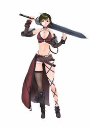  atelier-moo bare_shoulders bikini breasts brown_eyes collar detached_sleeves female full_body green_hair hair_between_eyes highres holding holding_sword holding_weapon jewelry large_breasts necklace our_battle_has_just_begun! short_hair short_shorts shorts smile solo standing swimsuit sword taylor_(our_battle_has_just_begun!) thighhighs thighs weapon 