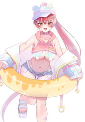  absurdres alternate_costume bare_shoulders baseball_cap bikini bikini_under_clothes blue_shorts blush cropped_hoodie denim denim_shorts female hat highres hinoki_kahun0 holding holding_swim_ring hololive hood hoodie houshou_marine jacket long_hair off_shoulder open_mouth pink_hoodie ponytail red_eyes red_hair short_shorts shorts solo swim_ring swimsuit white_bikini white_hair yellow_eyes 