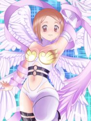  angel_wings angewomon angewomon_(cosplay) arm_up armpits asymmetrical_clothes bare_shoulders belt black_belt bodysuit boobplate breasts brown_eyes brown_hair cleavage clothing_cutout commentary_request cosplay cowboy_shot digimon digimon_adventure_02 elbow_gloves feathered_wings female gloves hagoromo hair_ornament hairclip k0n0n looking_at_viewer medium_breasts multiple_wings navel navel_cutout o-ring o-ring_belt parted_bangs parted_lips shawl short_hair sidelocks single_elbow_glove solo standing standing_on_one_leg thigh_strap white_bodysuit white_gloves wings yagami_hikari zipper 