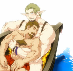  2boys abs bara beard blush body_fur brown_hair cheekbones couple elf facial_hair goatee head_on_head head_rest higemorigen interspecies male_focus mature_male moustache multiple_boys muscular muscular_male nipples original pectoral_pillow pointy_ears short_hair size_difference sleeping sleeping_on_person smile thick_eyebrows thick_mustache tied_beard topless_male yaoi 