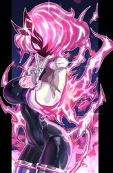  black_bodysuit bodysuit breasts cropped_jacket duel_monster electricity enmo_takeshita female gloves highres jacket large_breasts lightning_hair long_sleeves pink_eyes pink_hair short_hair solo spright_red v white_gloves yu-gi-oh! 