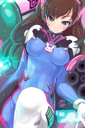  :3 armcho blue_eyes blurry breasts brown_hair closed_mouth commentary cowboy_shot d.va_(overwatch) depth_of_field dutch_angle eyelashes facepaint facial_mark female gatling_gun gloves gun holographic_interface leg_up long_hair looking_at_viewer mecha medium_breasts meka_(overwatch) overwatch overwatch_1 robot skin_tight smile solo tsurime weapon whisker_markings white_gloves 