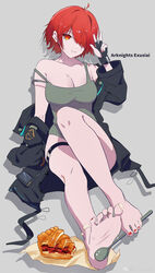  absurdres arknights bare_shoulders barefoot black_gloves black_jacket breasts character_name chinese_commentary cleavage closed_mouth collarbone commentary_request copyright_name drop_shadow exusiai_(arknights) feet female fingerless_gloves food food_on_foot full_body gloves green_shirt grey_background hair_over_one_eye hand_up highres hongsan_smile jacket large_breasts long_sleeves looking_at_viewer nail_polish off_shoulder one_eye_covered open_clothes open_jacket red_eyes red_hair red_nails shirt short_hair simple_background sitting smile soles solo spaghetti_strap strap_slip thigh_strap toenail_polish toenails toes w 