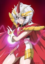  absurdres armor breasts cape cosplay cowlick dress female gloves highres kyomeihibiki long_hair low_twintails magic magic_knight_rayearth medium_breasts open_hand parted_lips pauldrons red_background red_cape red_dress senki_zesshou_symphogear shidou_hikaru shidou_hikaru_(cosplay) short_dress shoulder_armor solo twintails twitter_username v-fin v-shaped_eyebrows white_gloves white_hair yukine_chris 