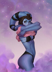  adam_lutodelle alien ass black_bra black_panties blue_skin bra breasts brown_eyes clothes_lift colored_skin female highres lekku_(anatomy) looking_at_viewer mission_vao panties pink_shirt shirt shirt_lift short_sleeves small_breasts smoke solo star_wars star_wars:_knights_of_the_old_republic twi&#039;lek underwear undressing 