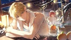  2boys absurdres bishounen blue_eyes blush bottle branch bucket closed_eyes closed_mouth crossed_arms ferret food fruit hair_between_eyes hanasaki_miyabi highres hiyamaru holostars kishido_temma lantern looking_at_viewer male_focus milk_bottle multiple_boys night nude onsen orange_(fruit) outdoors partially_submerged red_hair short_hair sitting smile snowflakes snowing steam toned toned_male towel towel_around_neck towel_on_head upper_body virtual_youtuber water_drop wet winter wooden_bucket wooden_lantern yonsang_(swordmaster) 