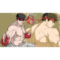  1boy abs back_muscles clenched_hand dougi flexing_pectorals frown headband large_pectorals liyamou looking_at_viewer male_focus martial_arts mature_male multiple_views muscular muscular_male nipples obliques pectorals profile red_headband ryu_(street_fighter) short_hair shredded_muscles street_fighter strongman_waist thick_eyebrows topless_male tsurime upper_body 