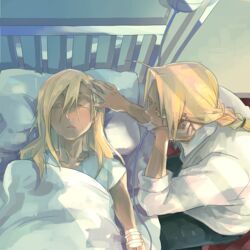  2boys alphonse_elric bad_id bad_pixiv_id bed bed_sheet blonde_hair braid brothers closed_eyes duthcjs edward_elric fullmetal_alchemist hand_on_own_cheek hand_on_own_face intravenous_drip long_hair looking_at_another lying male_focus multiple_boys open_mouth pillow shirt siblings sleeping spoilers sunlight touching_forehead under_covers white_shirt yellow_eyes 