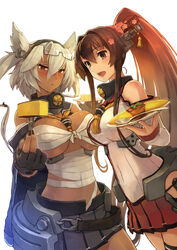  2girls :&lt; :d absurdres asymmetrical_docking bare_shoulders between_breasts black_gloves black_nails black_skirt black_thighhighs blush breast_press breasts brown_hair cake castella_(food) chest_sarashi collar covered_navel dark-skinned_female dark_skin detached_sleeves eyewear_on_head feeding fingerless_gloves fingernails food fork glasses gloves grey_hair hair_between_eyes hair_intakes headgear highres holding holding_fork incoming_food kantai_collection large_breasts long_hair looking_at_viewer midriff miniskirt multiple_girls musashi_(kancolle) musashi_kai_(kancolle) nail_polish official_art omelet omurice open_mouth parted_lips photoshop_(medium) plate pleated_skirt pointy_hair ponytail purple_eyes red_eyes red_skirt sailor_collar sakuramon sarashi scan shizuma_yoshinori single_thighhigh skirt smile spoon thighhighs two_side_up very_long_hair yamato_(kancolle) 