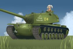  american_flag american_flag_bikini american_flag_print bikini blue_eyes caterpillar_tracks cloud commentary_request day dead_people female flag_print grass m103_heavy_tank military military_vehicle motor_vehicle original outdoors print_bikini sky swimsuit tank twintails 