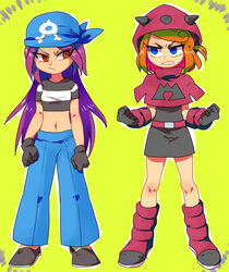  2girls bad_id bad_pixiv_id bandana blue_eyes clenched_hands crop_top frown full_body furukawa_(yomawari) gloves hood midriff multiple_girls navel orange_hair pants pokemon pokemon_oras purple_hair red_eyes shirt skirt standing striped_clothes striped_shirt t-shirt team_aqua team_aqua_grunt team_aqua_uniform team_magma team_magma_grunt team_magma_uniform 