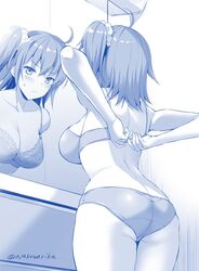  adjusting_bra adjusting_clothes ahoge arms_behind_back artist_name ass ayakawa_riku blue_theme bra breasts cleavage commentary_request fate/grand_order fate_(series) female frown fujimaru_ritsuka_(female) hair_ornament hair_scrunchie mirror monochrome one_side_up panties scrunchie short_hair solo sweat twitter_username underwear underwear_only 