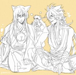  3boys animal_ears bad_id bad_pixiv_id bell crossover dog_ears fox_ears gugure!_kokkuri-san hair_flaps indian_style inuyasha inuyasha_(character) japanese_clothes katana kogitsunemaru kokkuri-san_(gugukoku) look-alike male_focus monochrome multiple_boys oerba_yun_fang onegingek open_mouth seiza sitting smile sword touken_ranbu trait_connection weapon 