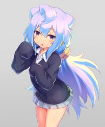  1boy blue_hair blush commentary_request crossdressing hacka_doll hacka_doll_3 highres long_hair long_sleeves looking_at_viewer male_focus otoko_no_ko ponytail purple_eyes shishikai skirt sleeves_past_fingers sleeves_past_wrists solo sweater very_long_hair virtual_youtuber 