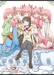  6+girls akemi_homura bad_id bad_pixiv_id black_hair clara_dolls_(madoka_magica) crossed_legs empty_eyes hair_down hair_ornament hair_ribbon harem hug hug_from_behind japanese_clothes kaname_madoka kanzashi kimono kyuubee letterboxed lilia_(madoka_magica) loafers long_hair mahou_shoujo_madoka_magica mahou_shoujo_madoka_magica:_hangyaku_no_monogatari mitakihara_school_uniform multiple_girls multiple_persona obi obiage obijime open_mouth pajamas pantyhose pink_eyes pink_hair ribbon sash school_uniform shoes short_hair sitting skirt smile twintails very_long_hair yukata yuri yuu_(yutakamagika) 