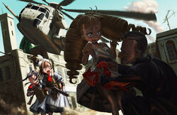  1boy 3girls ahoge aircraft apron armpits ascot assault_rifle bad_id bad_pixiv_id beard black_hair blonde_hair blue_eyes brown_eyes brown_hair butler ch-53 city closed_eyes clothes_lift commentary dress drill_hair dust dutch_angle elbow_pads facial_hair flat_chest formal gun helicopter hironii_(hirofactory) kneeling load_bearing_vest lolicon long_hair looking_to_the_side m4_carbine maid maid_apron maid_headdress military mk_18_carbine mosque multiple_girls neck_ribbon old old_man one_eye_closed open_mouth original radio_antenna ribbon rifle scar shade skirt skirt_lift sleeveless sleeveless_dress smoke suit sundress twin_drills twintails war weapon white_dress wind wrist_cuffs 