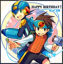  2boys arm_cannon battle_chip boots brown_eyes brown_hair commentary_request dated green_eyes happy_birthday headband helmet iroyopon lan_hikari_(mega_man) long_sleeves mega_man_(series) mega_man_battle_network_(series) megaman.exe multiple_boys netnavi open_mouth personal_terminal short_hair shoulder_guard smile vest weapon 