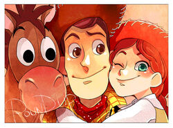  1boy ;) border braid brown_eyes brown_hair bullseye_(toy_story) cheek-to-cheek commentary_request cowboy_hat cowgirl_(western) female green_eyes hat heads_together horse hug jessie_the_yodeling_cowgirl neckerchief one_eye_closed photoshop_(medium) red_hair sandwiched sheriff_woody single_braid smile toy_story u-min white_border 